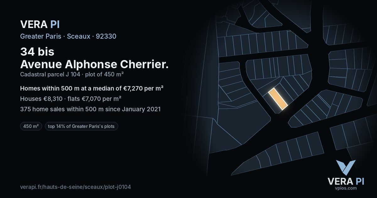 34 bis Avenue Alphonse Cherrier, Sceaux at night – the plot lit, the parcels around coloured by the prices near them