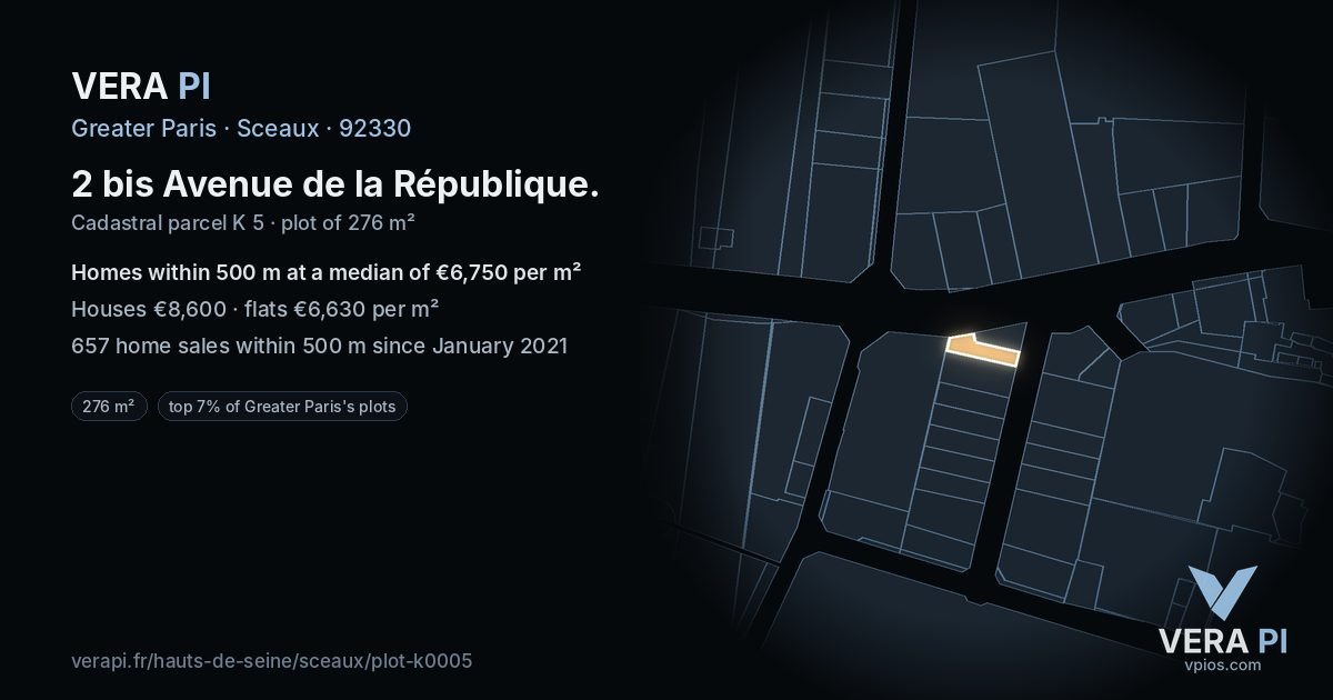 2 bis Avenue de la République, Sceaux at night – the plot lit, the parcels around coloured by the prices near them