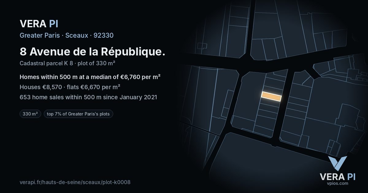 8 Avenue de la République, Sceaux at night – the plot lit, the parcels around coloured by the prices near them