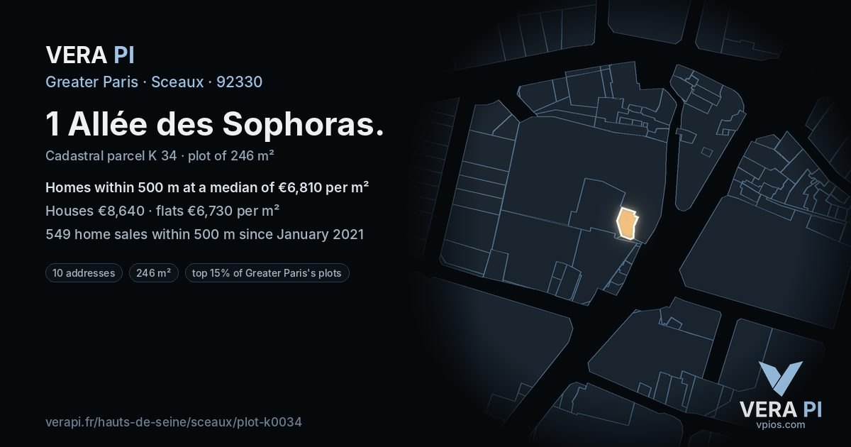 1 Allée des Sophoras, Sceaux at night – the plot lit, the parcels around coloured by the prices near them