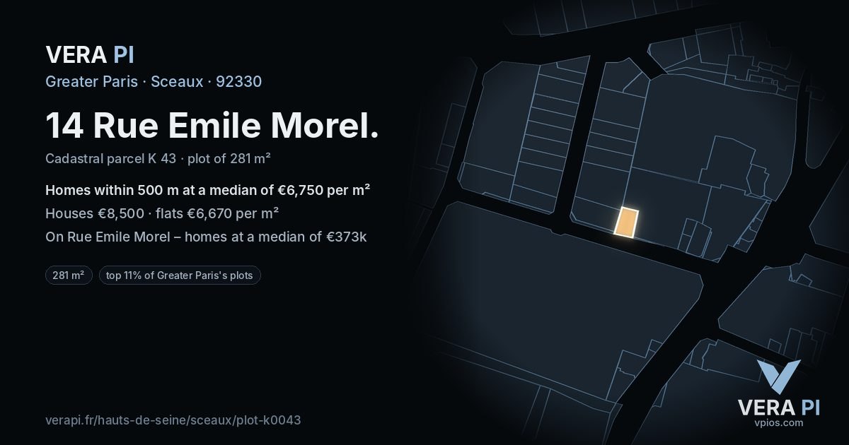 14 Rue Emile Morel, Sceaux at night – the plot lit, the parcels around coloured by the prices near them