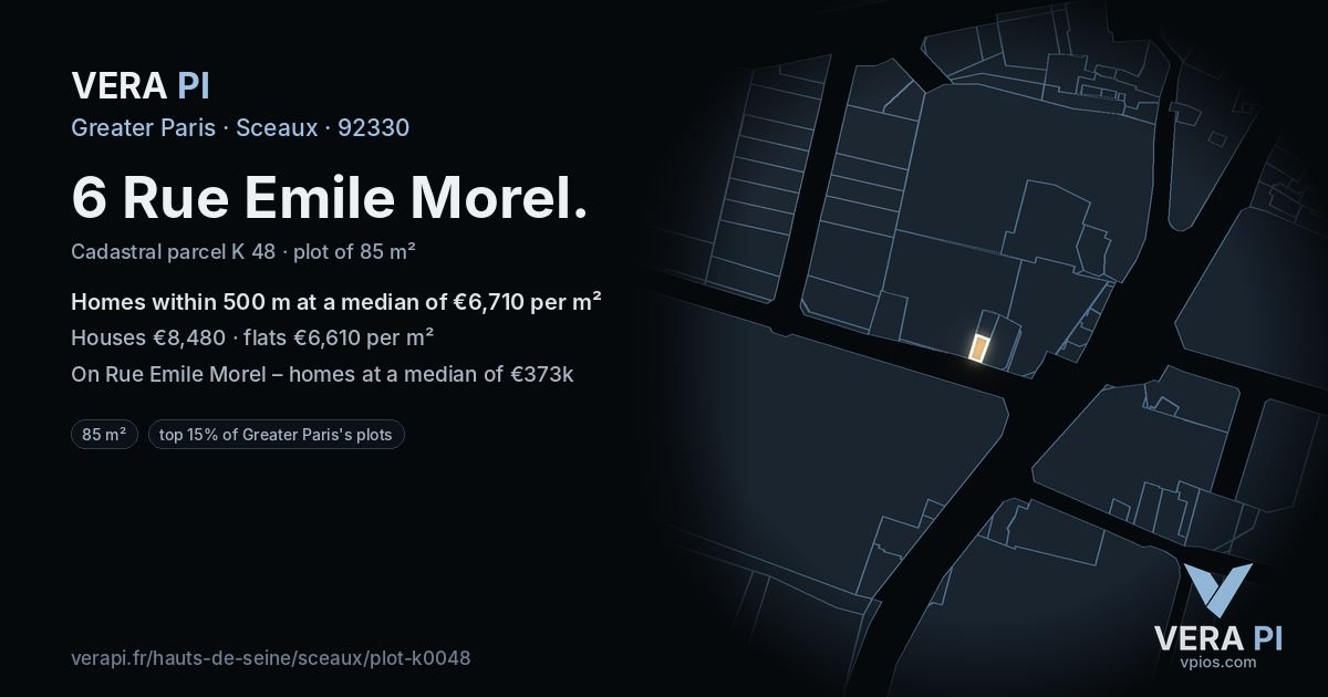 6 Rue Emile Morel, Sceaux at night – the plot lit, the parcels around coloured by the prices near them