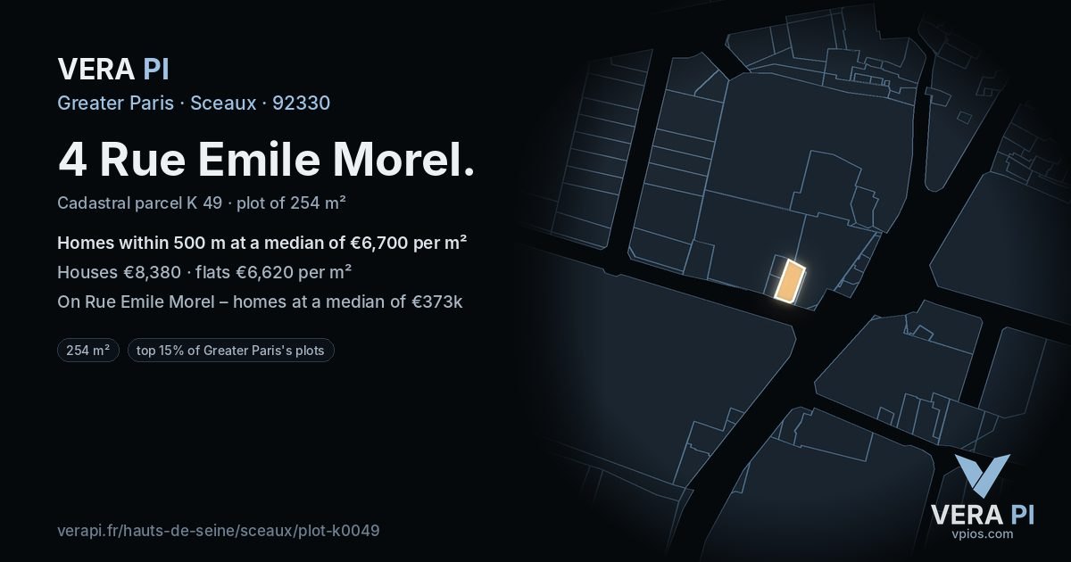 4 Rue Emile Morel, Sceaux at night – the plot lit, the parcels around coloured by the prices near them