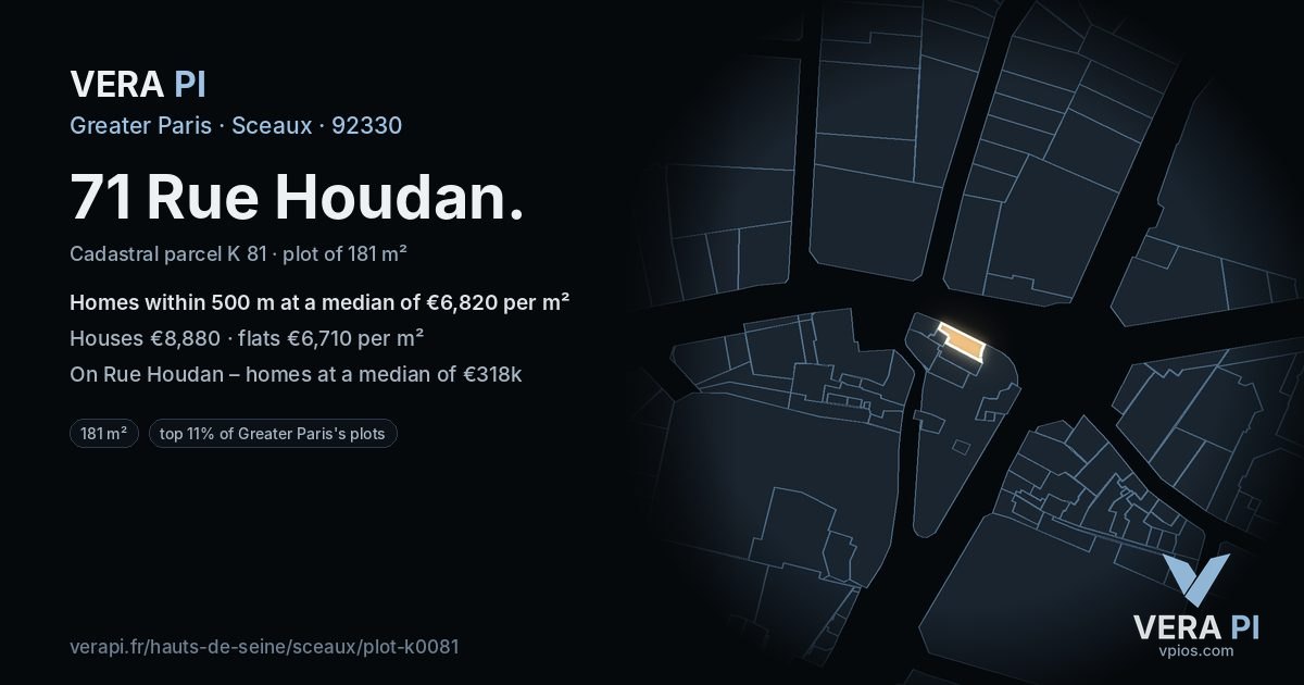 71 Rue Houdan, Sceaux at night – the plot lit, the parcels around coloured by the prices near them