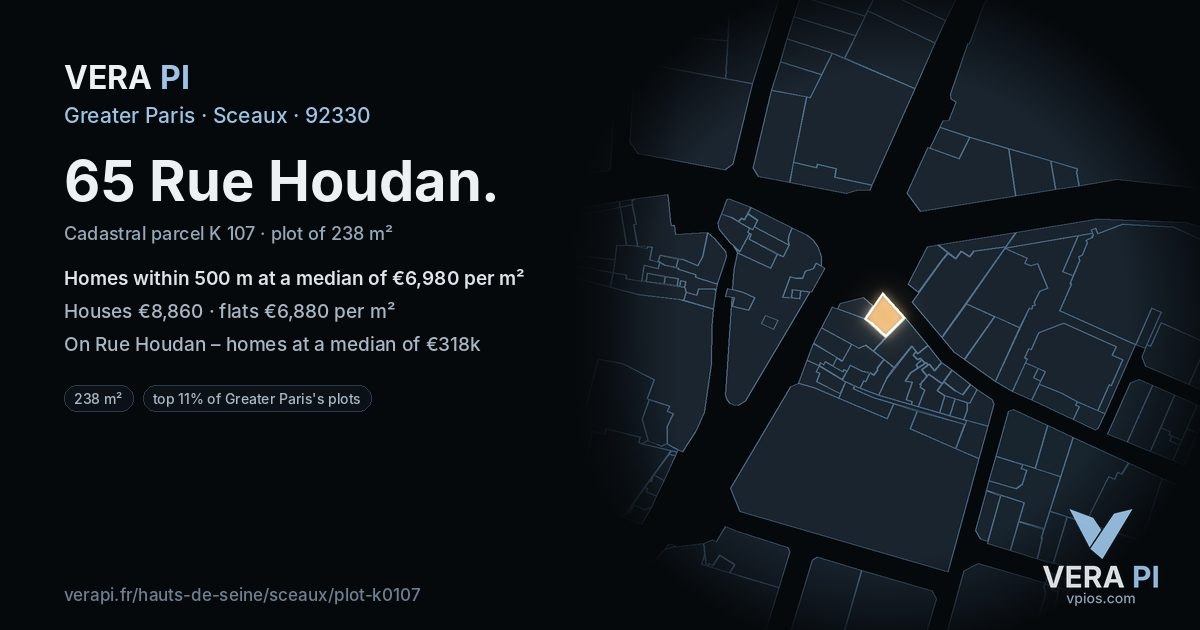 65 Rue Houdan, Sceaux at night – the plot lit, the parcels around coloured by the prices near them