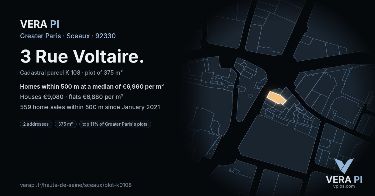 3 Rue Voltaire, Sceaux at night – the plot lit, the parcels around coloured by the prices near them