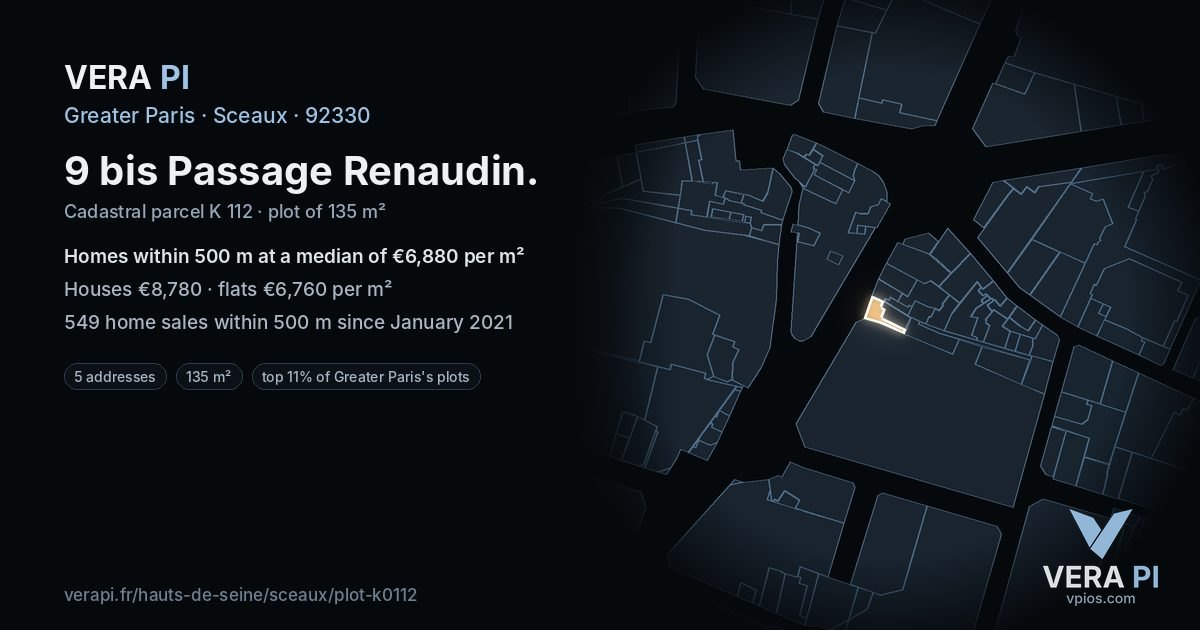 9 bis Passage Renaudin, Sceaux at night – the plot lit, the parcels around coloured by the prices near them