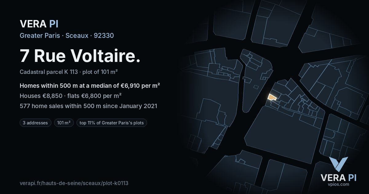 7 Rue Voltaire, Sceaux at night – the plot lit, the parcels around coloured by the prices near them