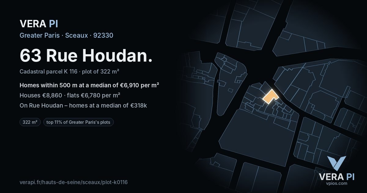 63 Rue Houdan, Sceaux at night – the plot lit, the parcels around coloured by the prices near them