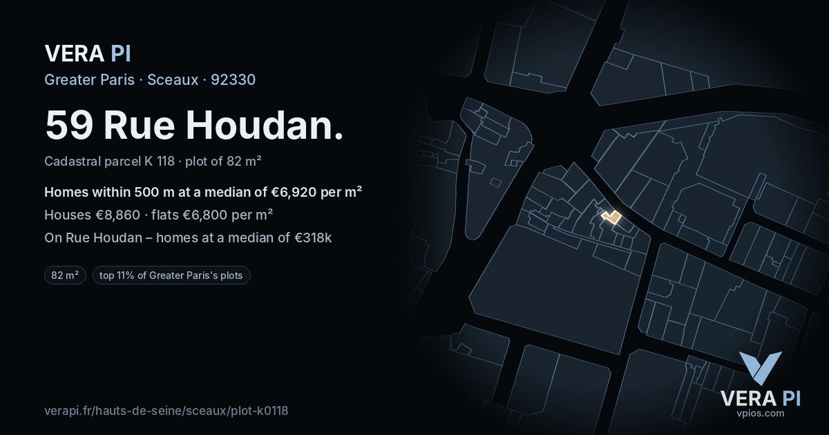 59 Rue Houdan, Sceaux at night – the plot lit, the parcels around coloured by the prices near them