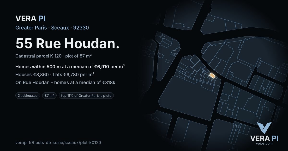 55 Rue Houdan, Sceaux at night – the plot lit, the parcels around coloured by the prices near them