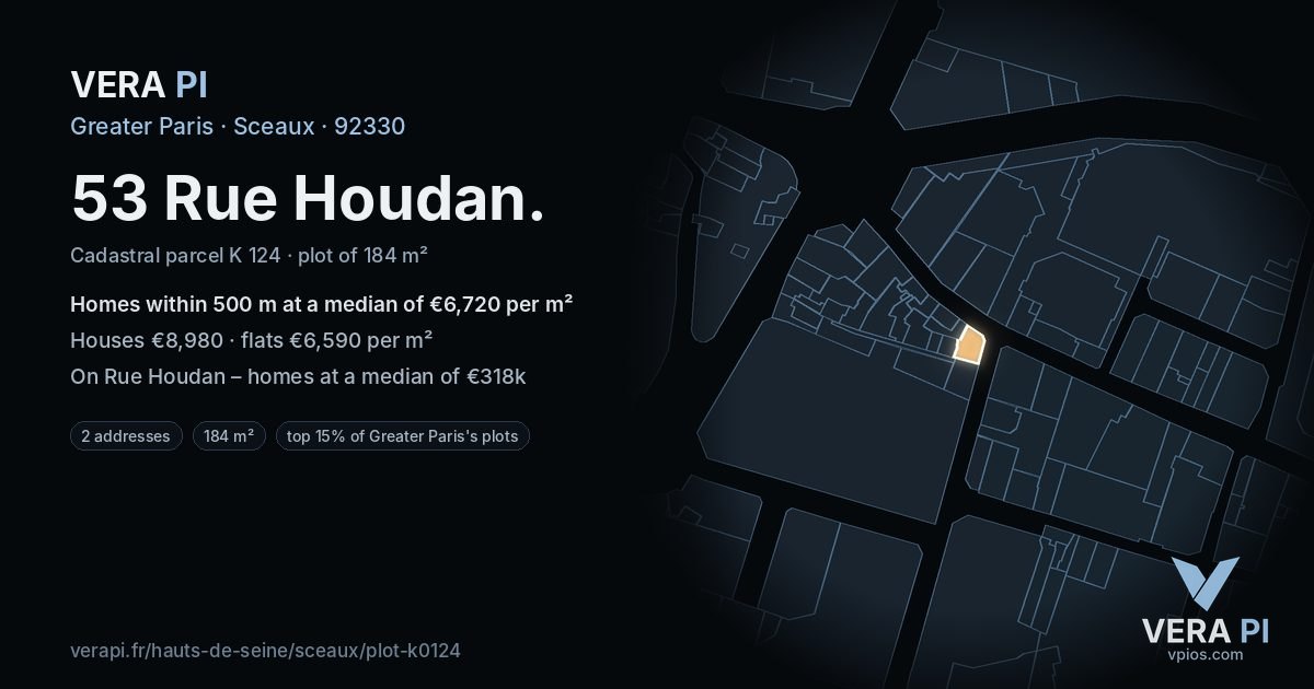 53 Rue Houdan, Sceaux at night – the plot lit, the parcels around coloured by the prices near them