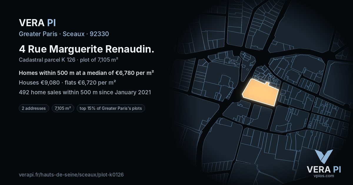 4 Rue Marguerite Renaudin, Sceaux at night – the plot lit, the parcels around coloured by the prices near them