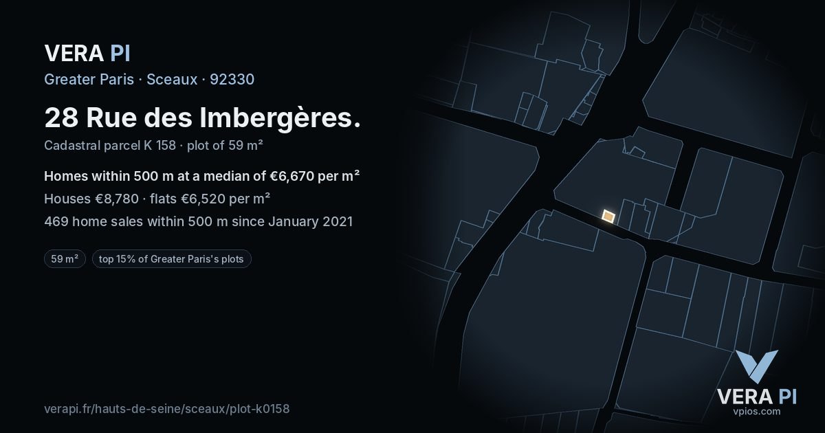 28 Rue des Imbergères, Sceaux at night – the plot lit, the parcels around coloured by the prices near them