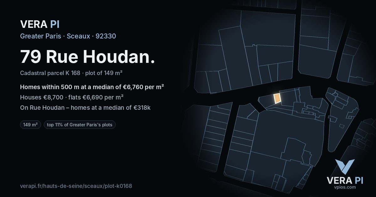 79 Rue Houdan, Sceaux at night – the plot lit, the parcels around coloured by the prices near them