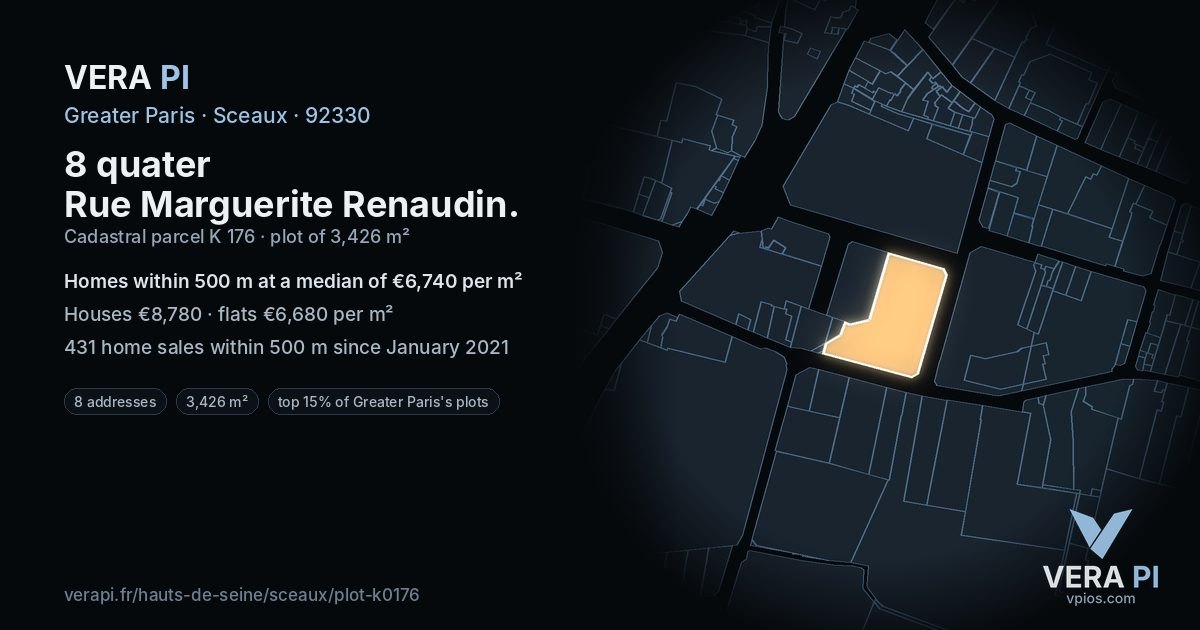 8 quater Rue Marguerite Renaudin, Sceaux at night – the plot lit, the parcels around coloured by the prices near them