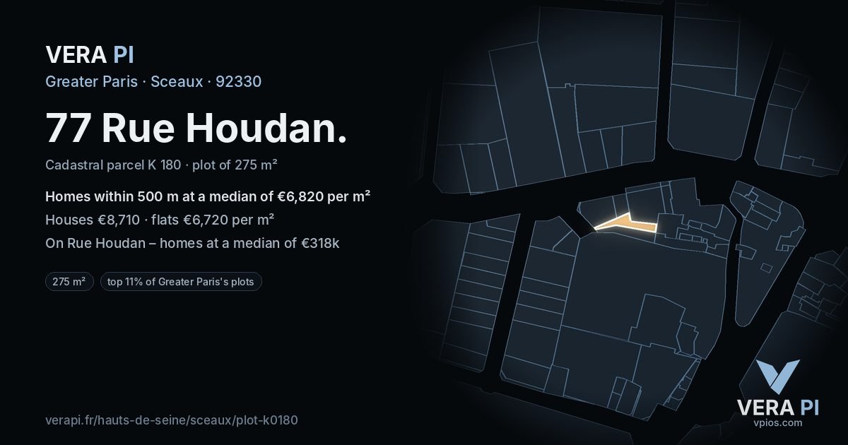 77 Rue Houdan, Sceaux at night – the plot lit, the parcels around coloured by the prices near them