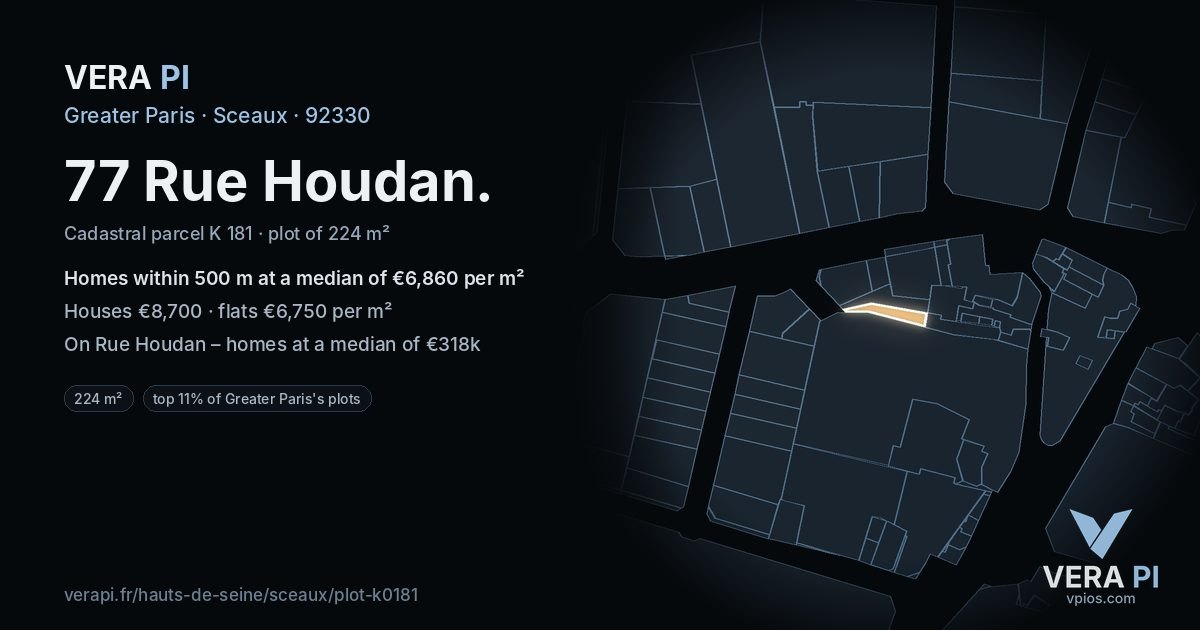 77 Rue Houdan, Sceaux at night – the plot lit, the parcels around coloured by the prices near them