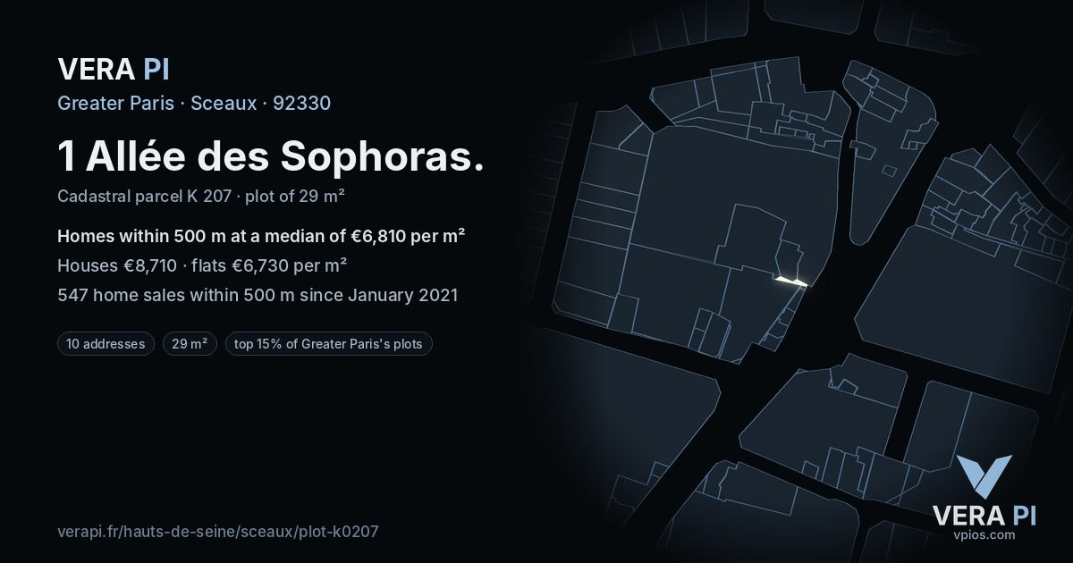 1 Allée des Sophoras, Sceaux at night – the plot lit, the parcels around coloured by the prices near them