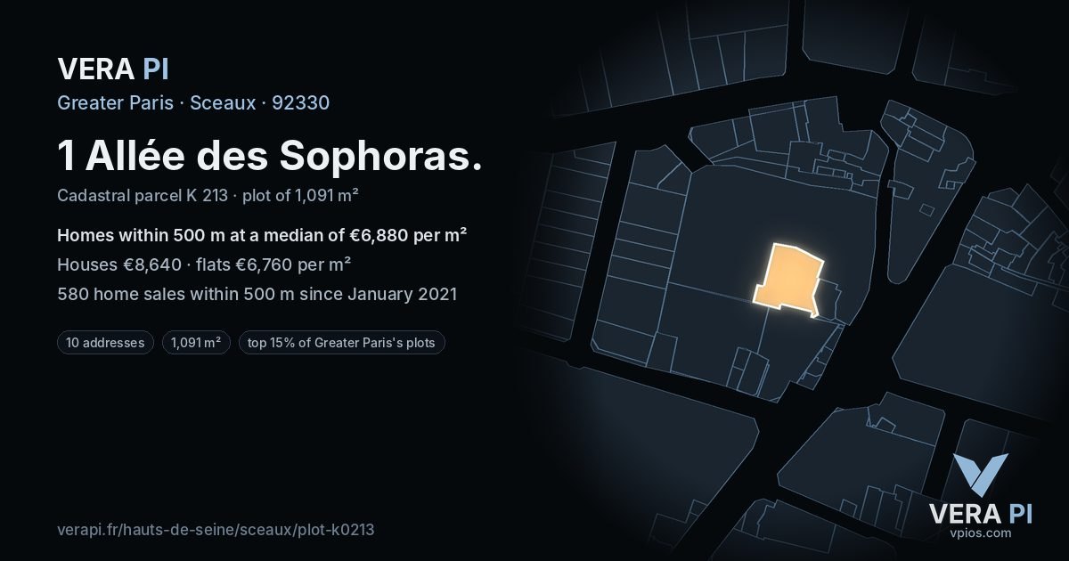 1 Allée des Sophoras, Sceaux at night – the plot lit, the parcels around coloured by the prices near them