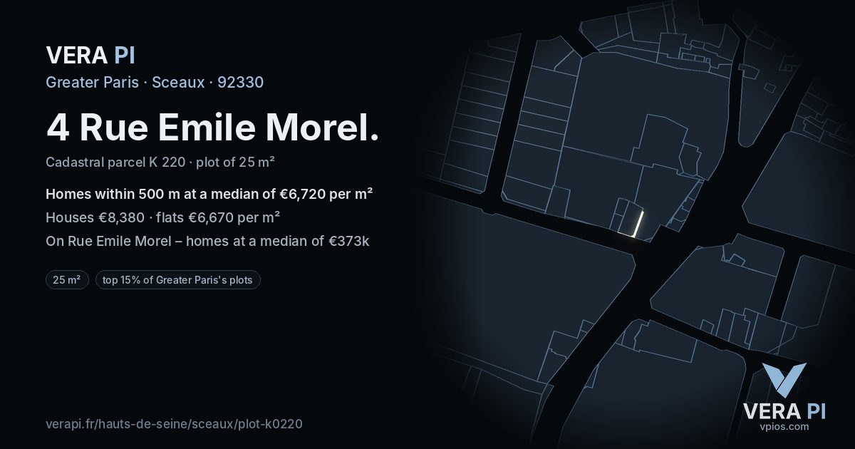 4 Rue Emile Morel, Sceaux at night – the plot lit, the parcels around coloured by the prices near them