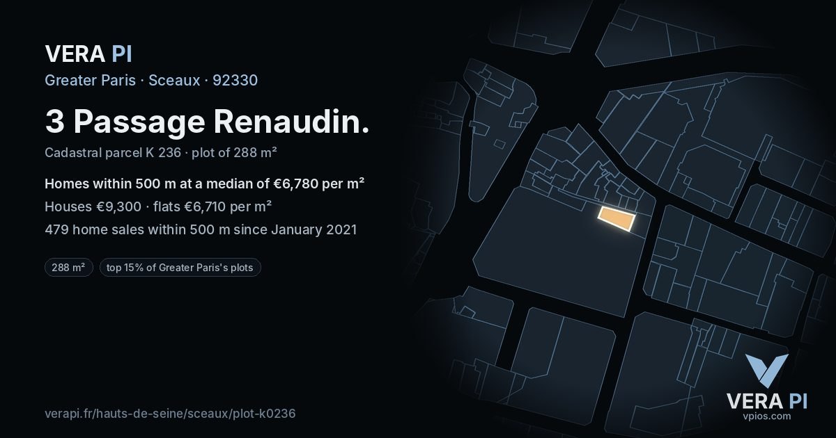 3 Passage Renaudin, Sceaux at night – the plot lit, the parcels around coloured by the prices near them