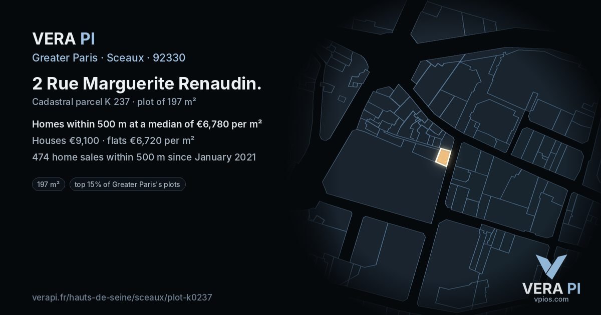 2 Rue Marguerite Renaudin, Sceaux at night – the plot lit, the parcels around coloured by the prices near them