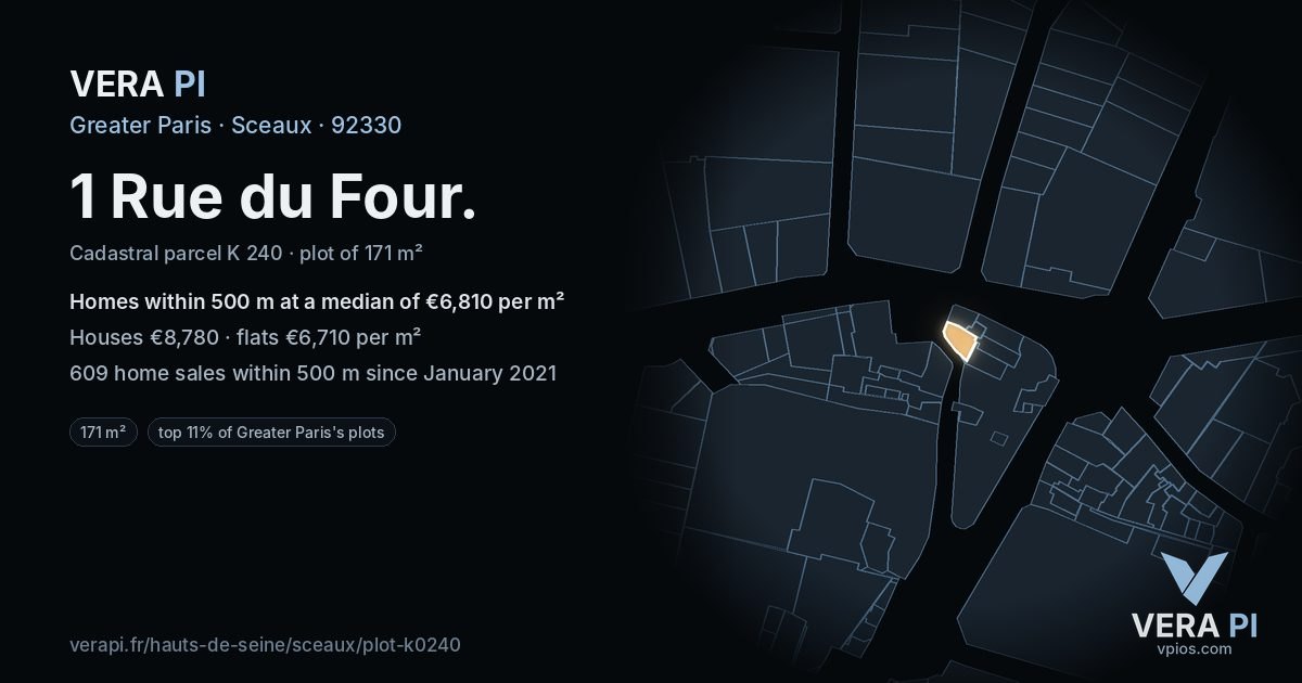 1 Rue du Four, Sceaux at night – the plot lit, the parcels around coloured by the prices near them