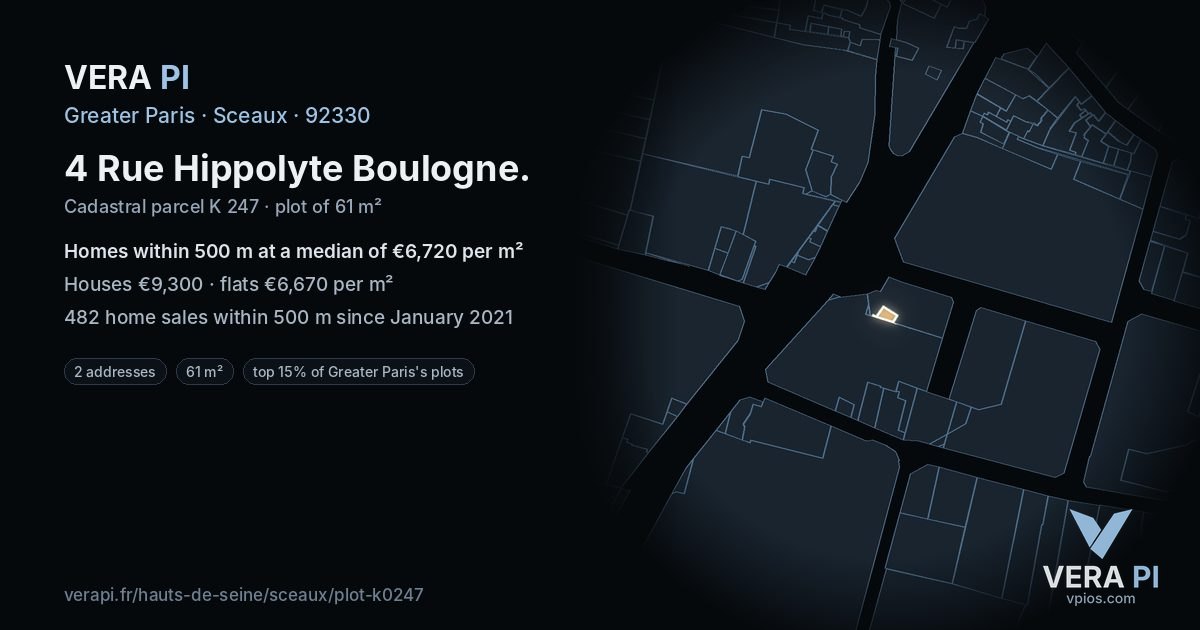 4 Rue Hippolyte Boulogne, Sceaux at night – the plot lit, the parcels around coloured by the prices near them