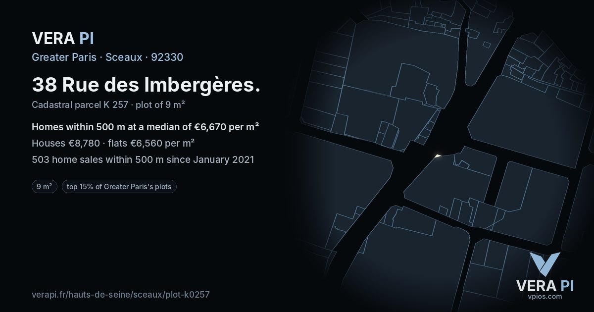 38 Rue des Imbergères, Sceaux at night – the plot lit, the parcels around coloured by the prices near them