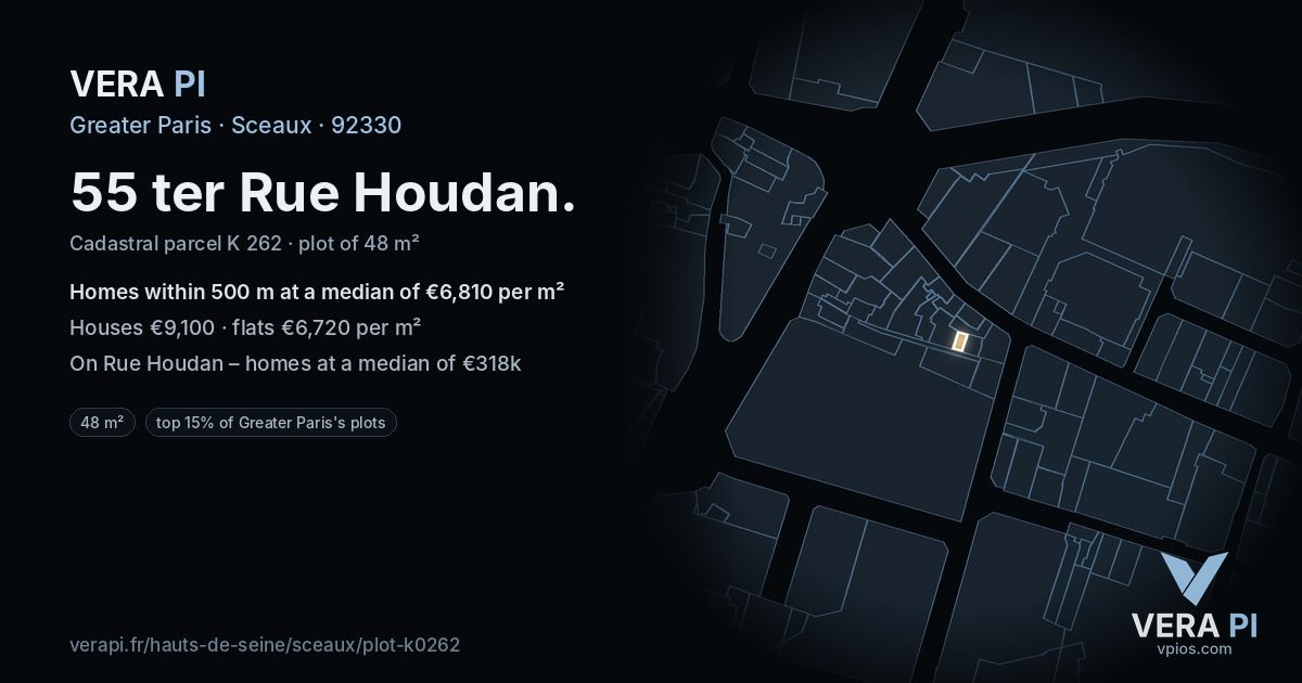 55 ter Rue Houdan, Sceaux at night – the plot lit, the parcels around coloured by the prices near them