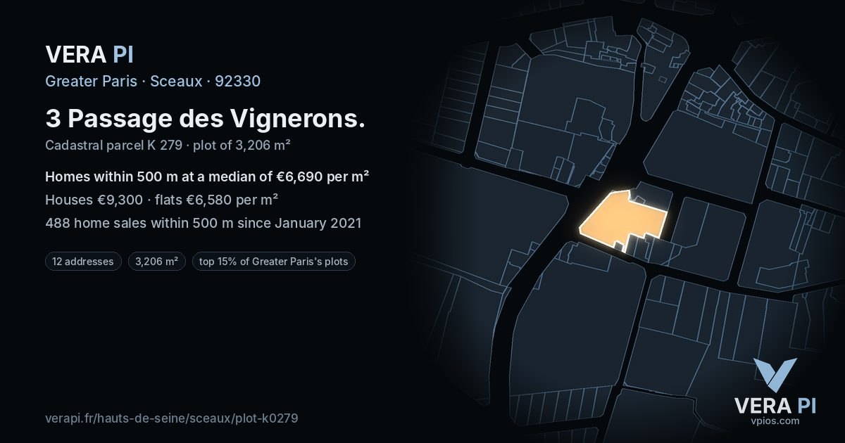 3 Passage des Vignerons, Sceaux at night – the plot lit, the parcels around coloured by the prices near them