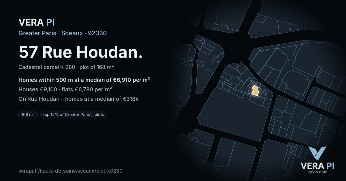 57 Rue Houdan, Sceaux at night – the plot lit, the parcels around coloured by the prices near them