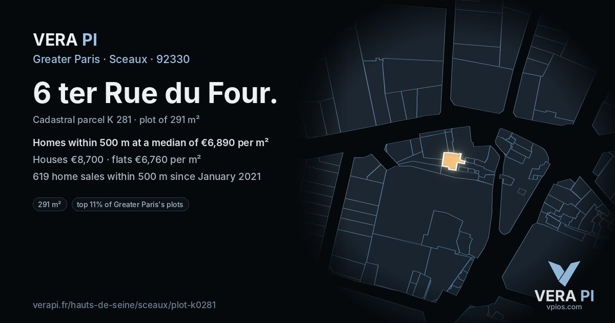 6 ter Rue du Four, Sceaux at night – the plot lit, the parcels around coloured by the prices near them