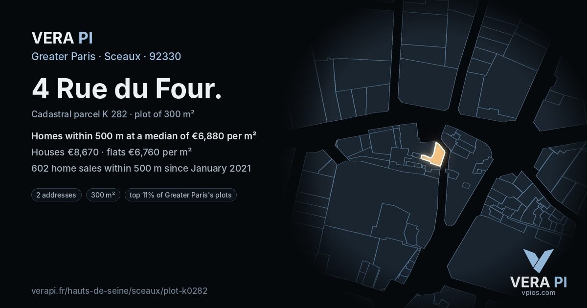 4 Rue du Four, Sceaux at night – the plot lit, the parcels around coloured by the prices near them