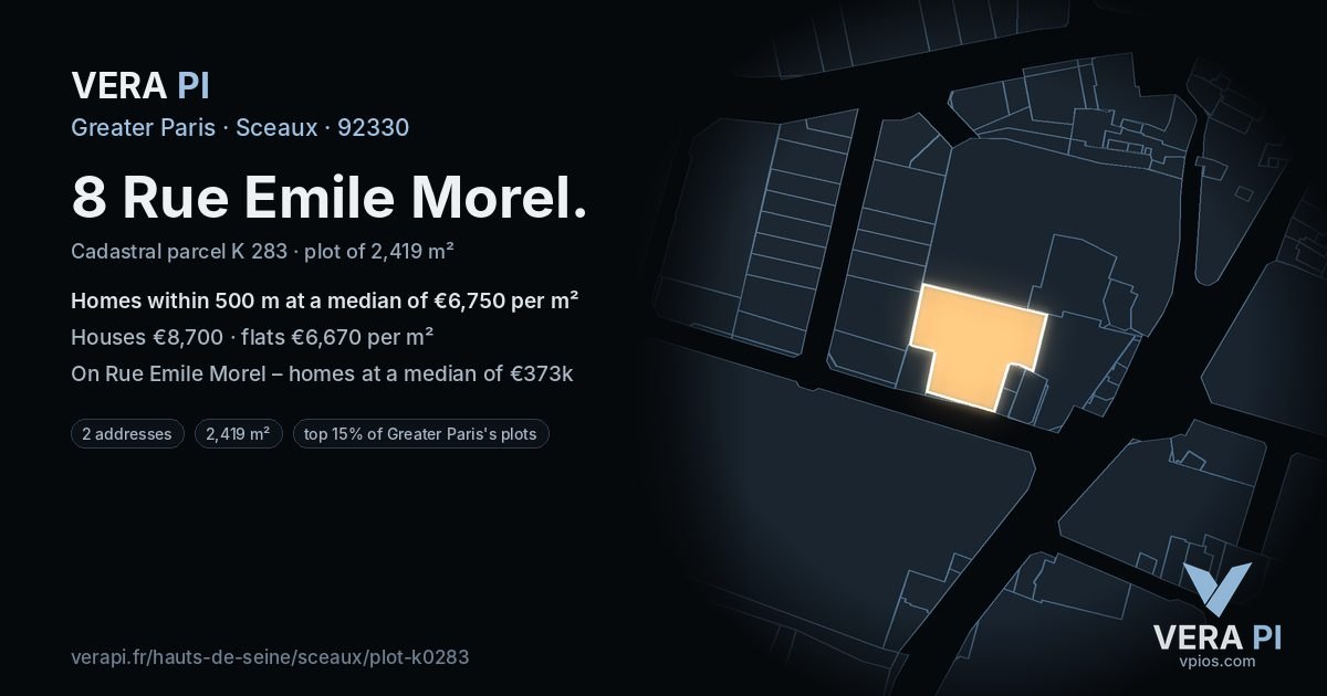 8 Rue Emile Morel, Sceaux at night – the plot lit, the parcels around coloured by the prices near them