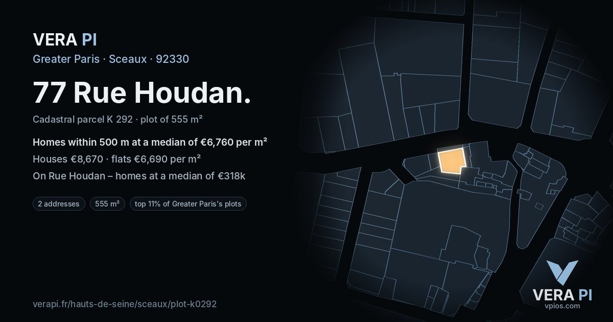77 Rue Houdan, Sceaux at night – the plot lit, the parcels around coloured by the prices near them