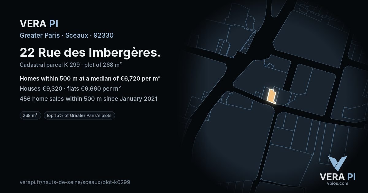22 Rue des Imbergères, Sceaux at night – the plot lit, the parcels around coloured by the prices near them