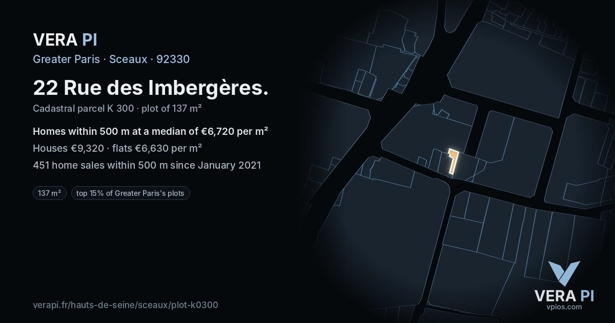 22 Rue des Imbergères, Sceaux at night – the plot lit, the parcels around coloured by the prices near them