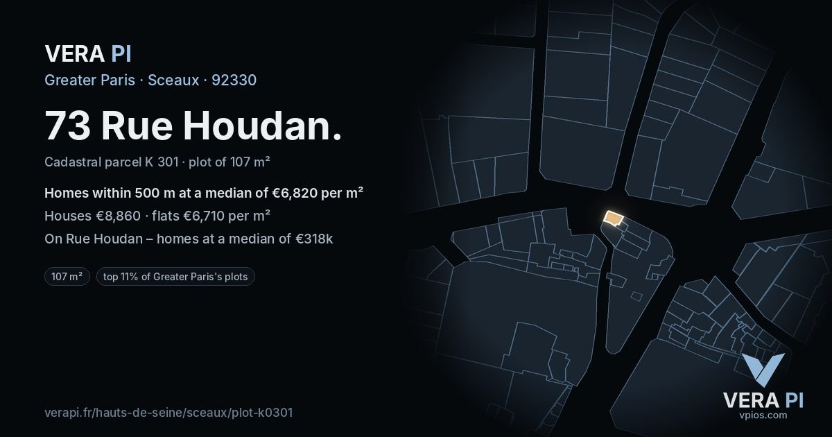 73 Rue Houdan, Sceaux at night – the plot lit, the parcels around coloured by the prices near them