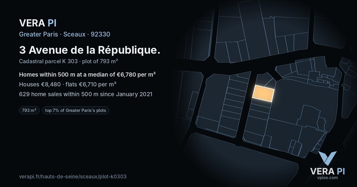 3 Avenue de la République, Sceaux at night – the plot lit, the parcels around coloured by the prices near them