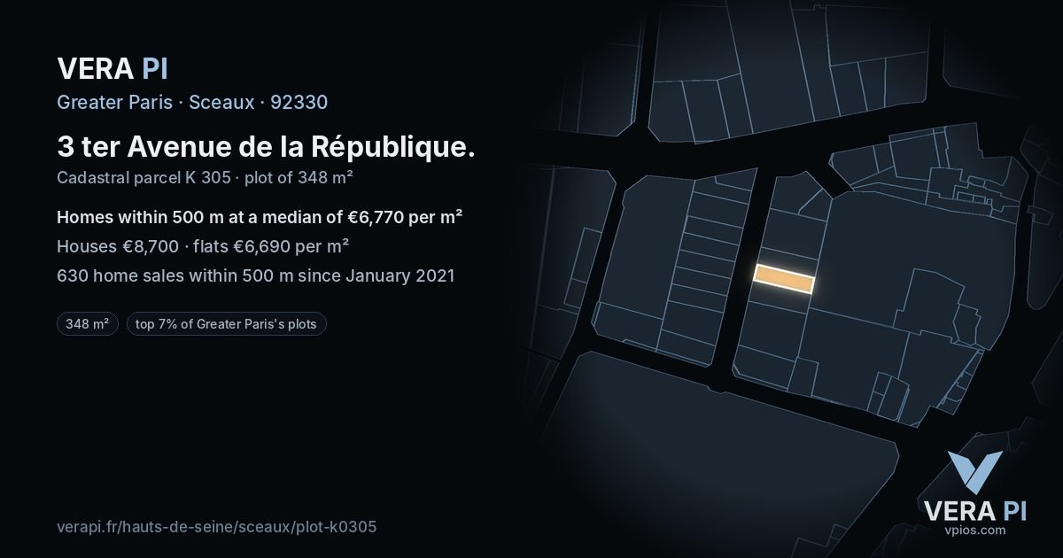 3 ter Avenue de la République, Sceaux at night – the plot lit, the parcels around coloured by the prices near them