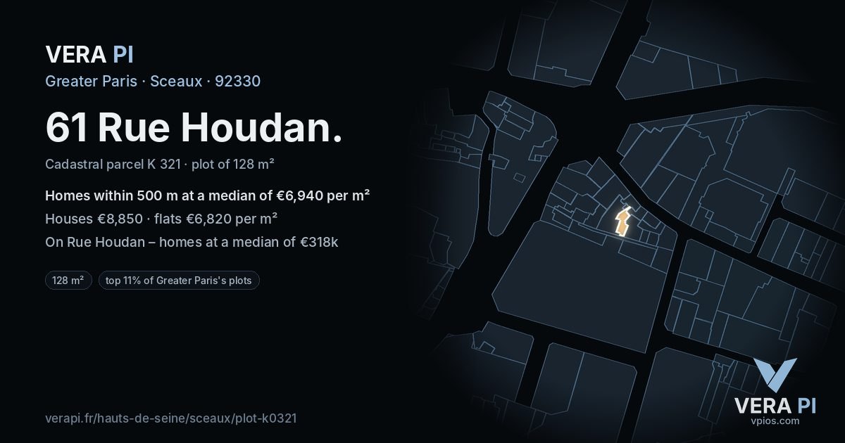 61 Rue Houdan, Sceaux at night – the plot lit, the parcels around coloured by the prices near them