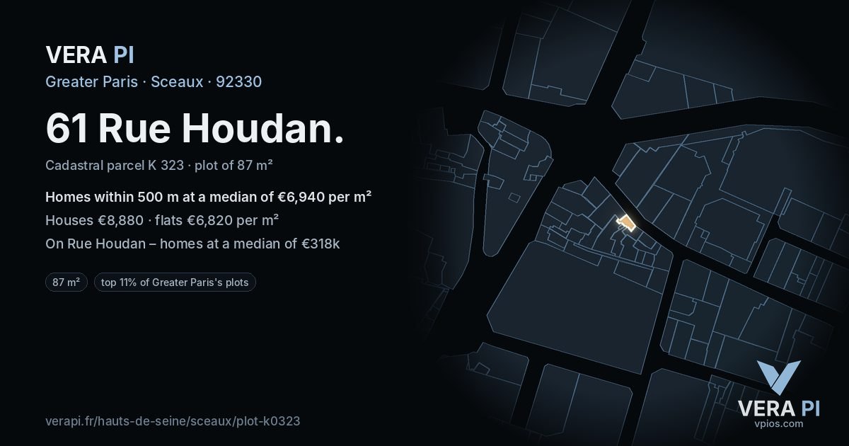 61 Rue Houdan, Sceaux at night – the plot lit, the parcels around coloured by the prices near them