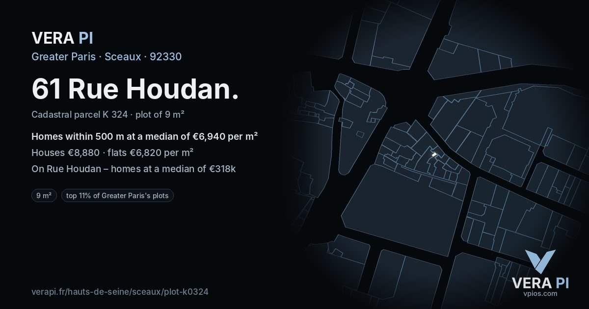 61 Rue Houdan, Sceaux at night – the plot lit, the parcels around coloured by the prices near them
