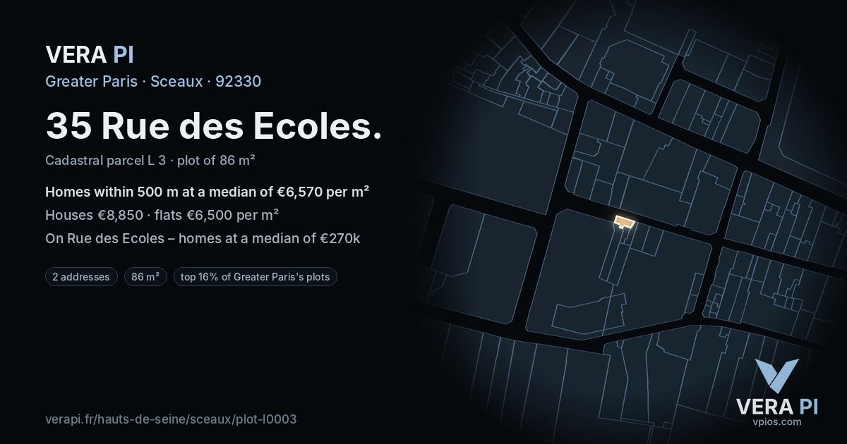 35 Rue des Ecoles, Sceaux at night – the plot lit, the parcels around coloured by the prices near them