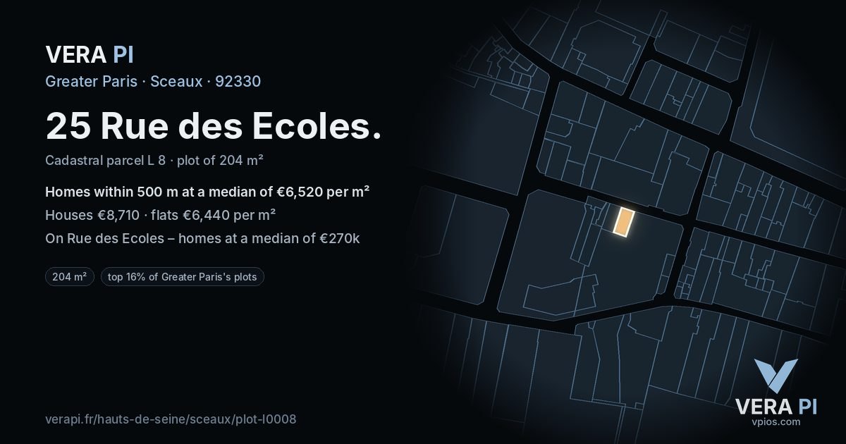 25 Rue des Ecoles, Sceaux at night – the plot lit, the parcels around coloured by the prices near them