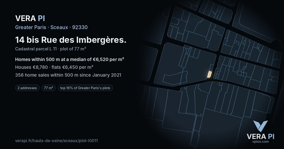14 bis Rue des Imbergères, Sceaux at night – the plot lit, the parcels around coloured by the prices near them