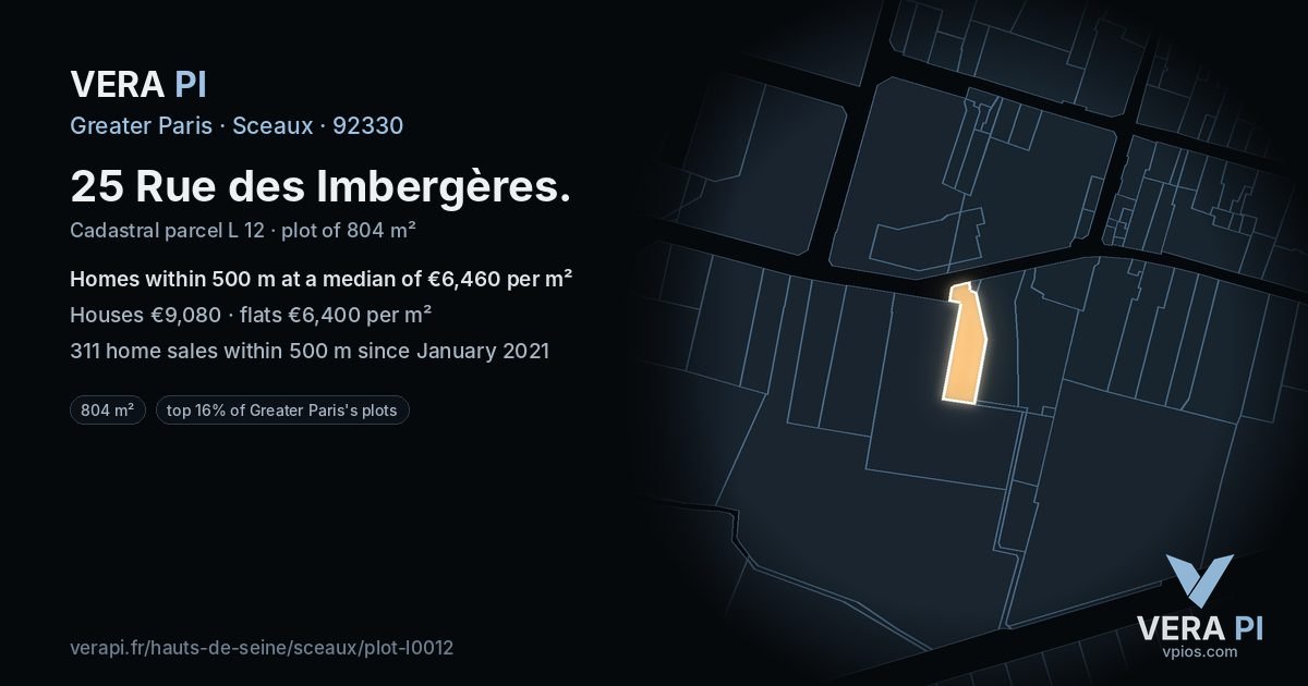 25 Rue des Imbergères, Sceaux at night – the plot lit, the parcels around coloured by the prices near them