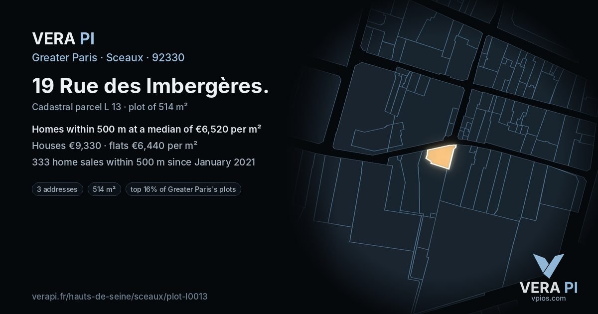 19 Rue des Imbergères, Sceaux at night – the plot lit, the parcels around coloured by the prices near them